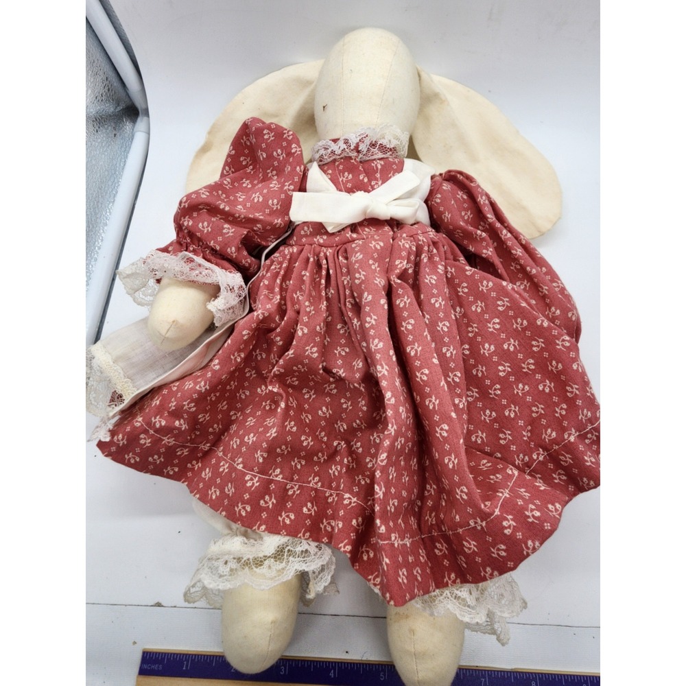Vintage Handmade Primitive Rag Doll Bunny Rabbit Red Floral Dress Lace Trim 20in - Picture 7 of 9